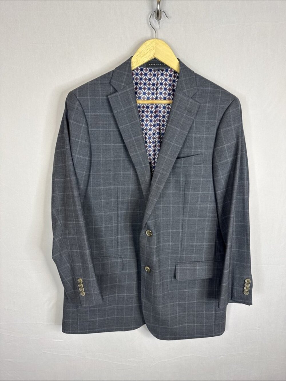 Indochino 42S‎ Gray Windowpane 100% Wool Sport Coat Blazer Short Custom